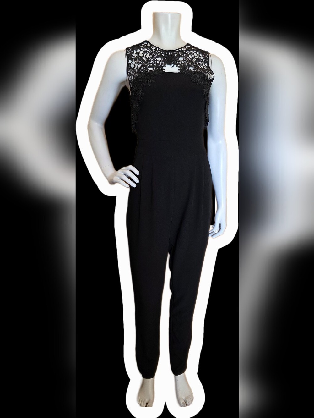 Suzy Shier Black Collection Black Lace Yoke Sleeveless Jumpsuit